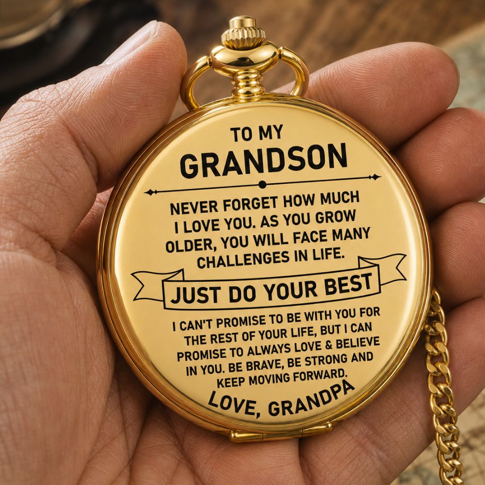 To My Grandson - From Grandpa, Vintage-Style Gold Pocket Watch Gift Set