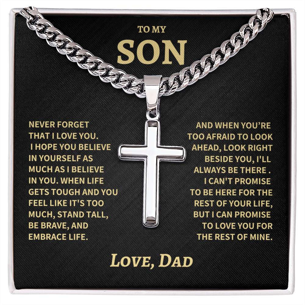 Son Gift- Believe In Yourself- Cuban Chain Cross Necklace- From Dad