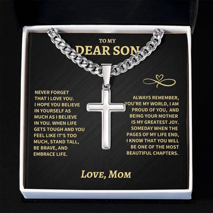 Son Gift From Mom, "Beautiful Chapters", Cuban Chain Artisan Cross Necklace