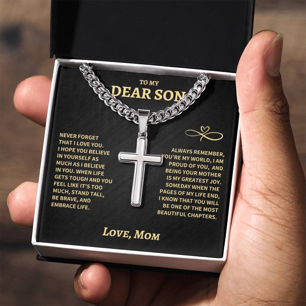 Son Gift- Beautiful Chapters- Cuban Chain Artisan Cross Necklace - From Mom