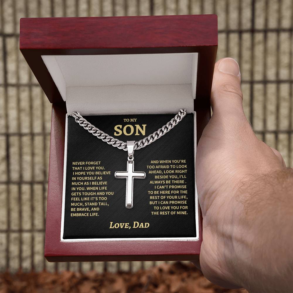 Son Gift- Believe In Yourself- Cuban Chain Cross Necklace- From Dad