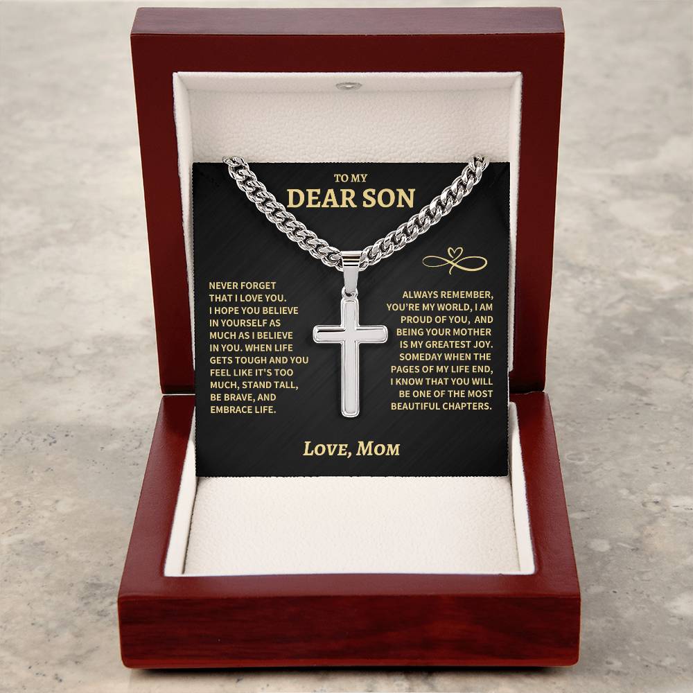 Son Gift- Beautiful Chapters- Cuban Chain Artisan Cross Necklace - From Mom