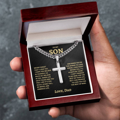 Son Gift- Believe In Yourself- Cuban Chain Cross Necklace- From Dad