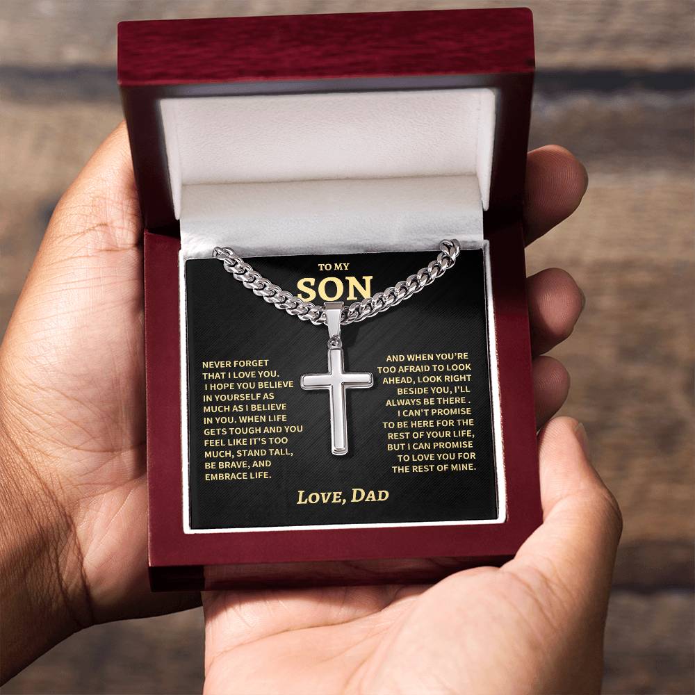 Son Gift- Believe In Yourself- Cuban Chain Cross Necklace- From Dad