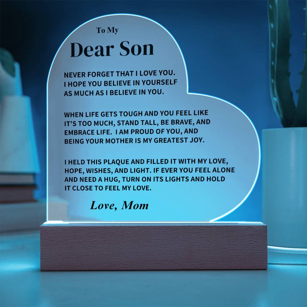 Son Gift- Believe In Yourself- LED Heart Acrylic Plaque- From Mom